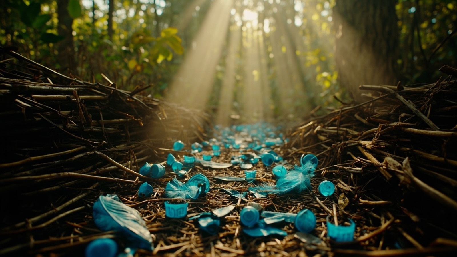 Blue bottle caps and feathers arranged in a precise row on a bowerbird's display.