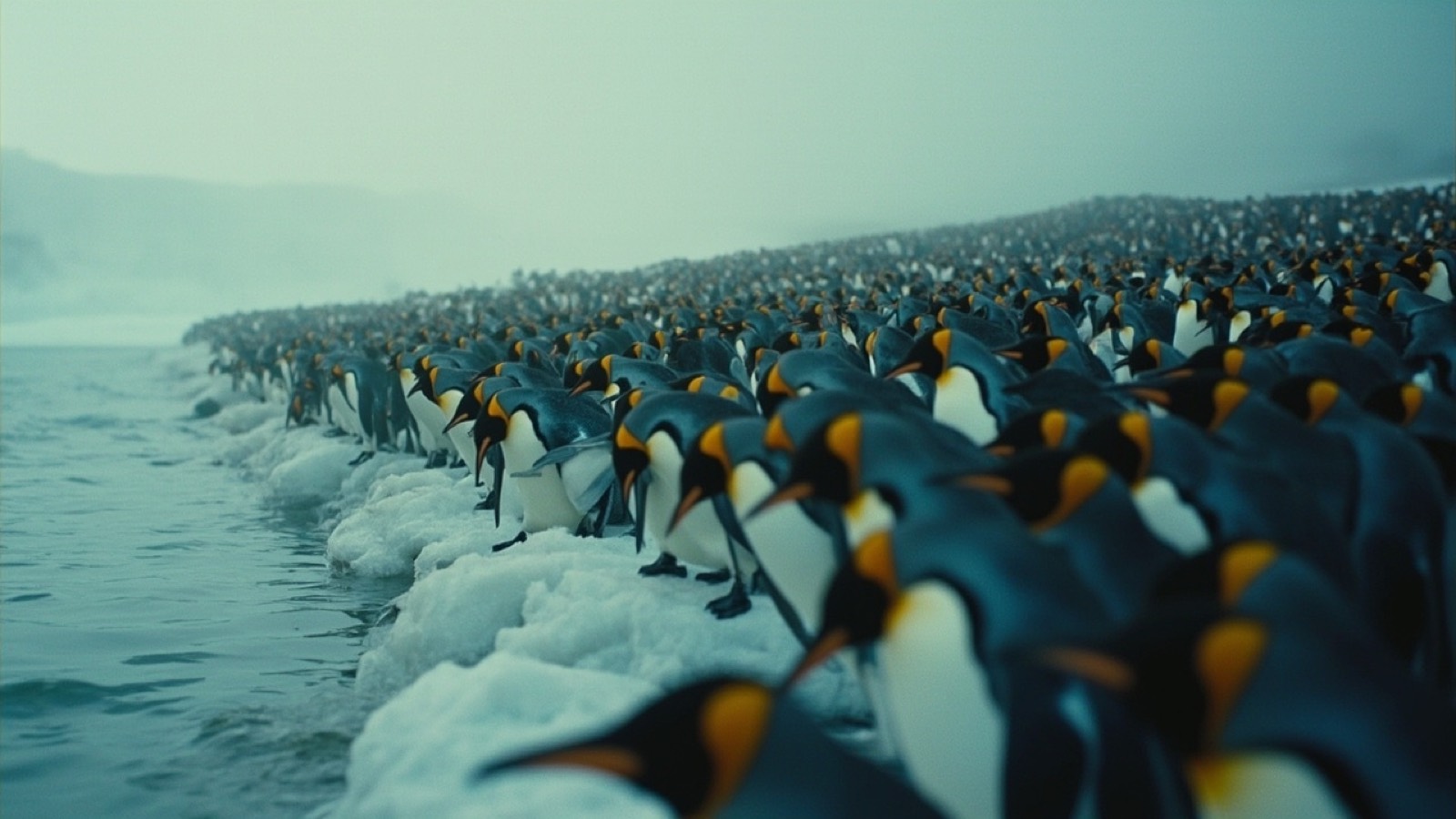 Penguins massed at a sea-ice edge, bodies leaning forward, none entering.
