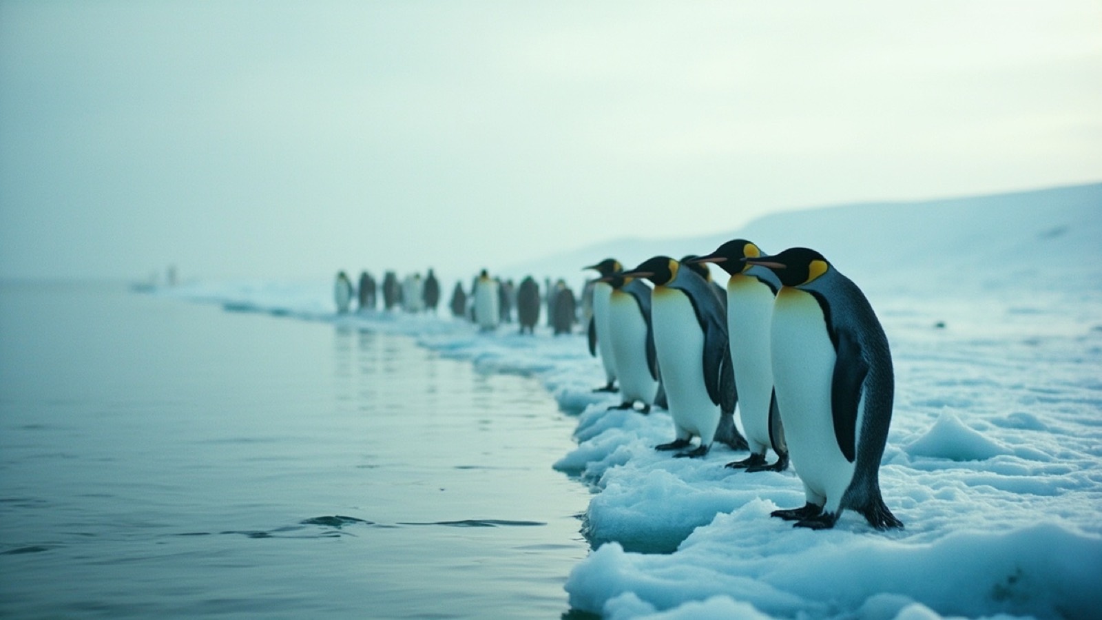 A line of penguins standing at the edge of sea ice, hesitating before the water.